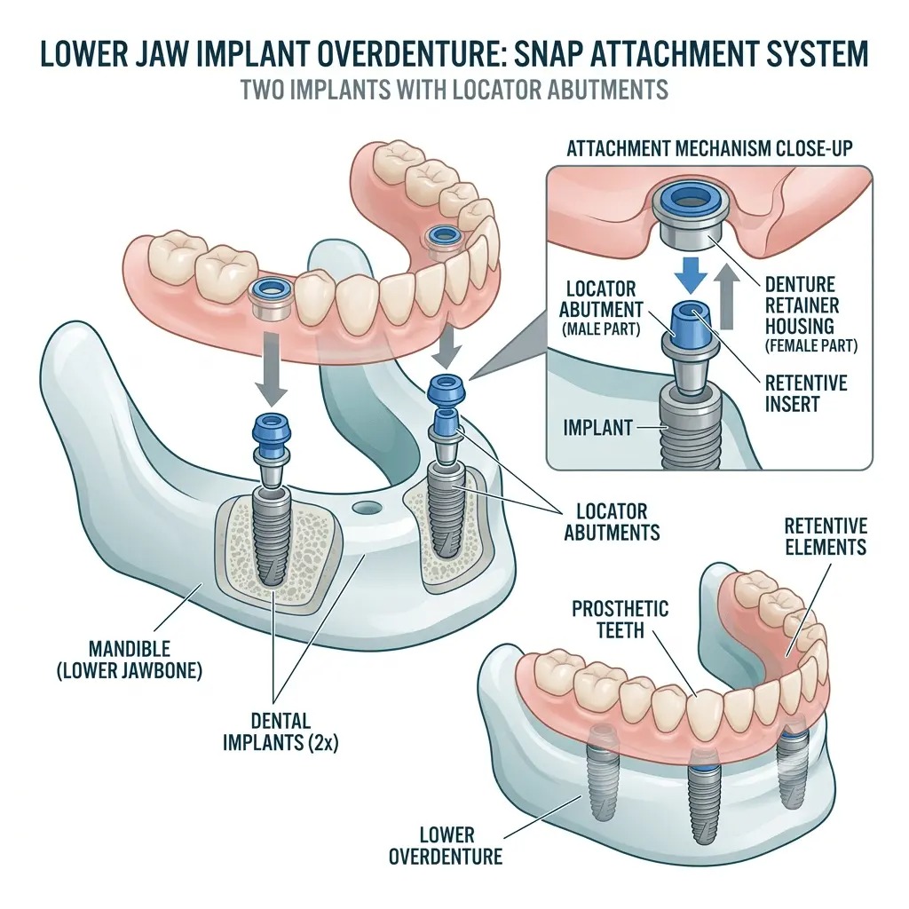 Illustration of dentures supported by dental implants